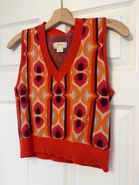 Maeve Bright Orange Retro Geometric V-Neck Sweater Vest